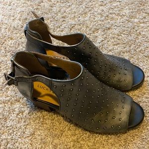 Metallic open toe studded booties